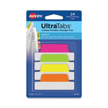 Avery Dennison Avery, ULTRA TABS REPOSITIONABLE MARGIN TABS, 1/5-CUT TABS, ASSORTED NEON, 2.5in WIDE, 24PK 74767
